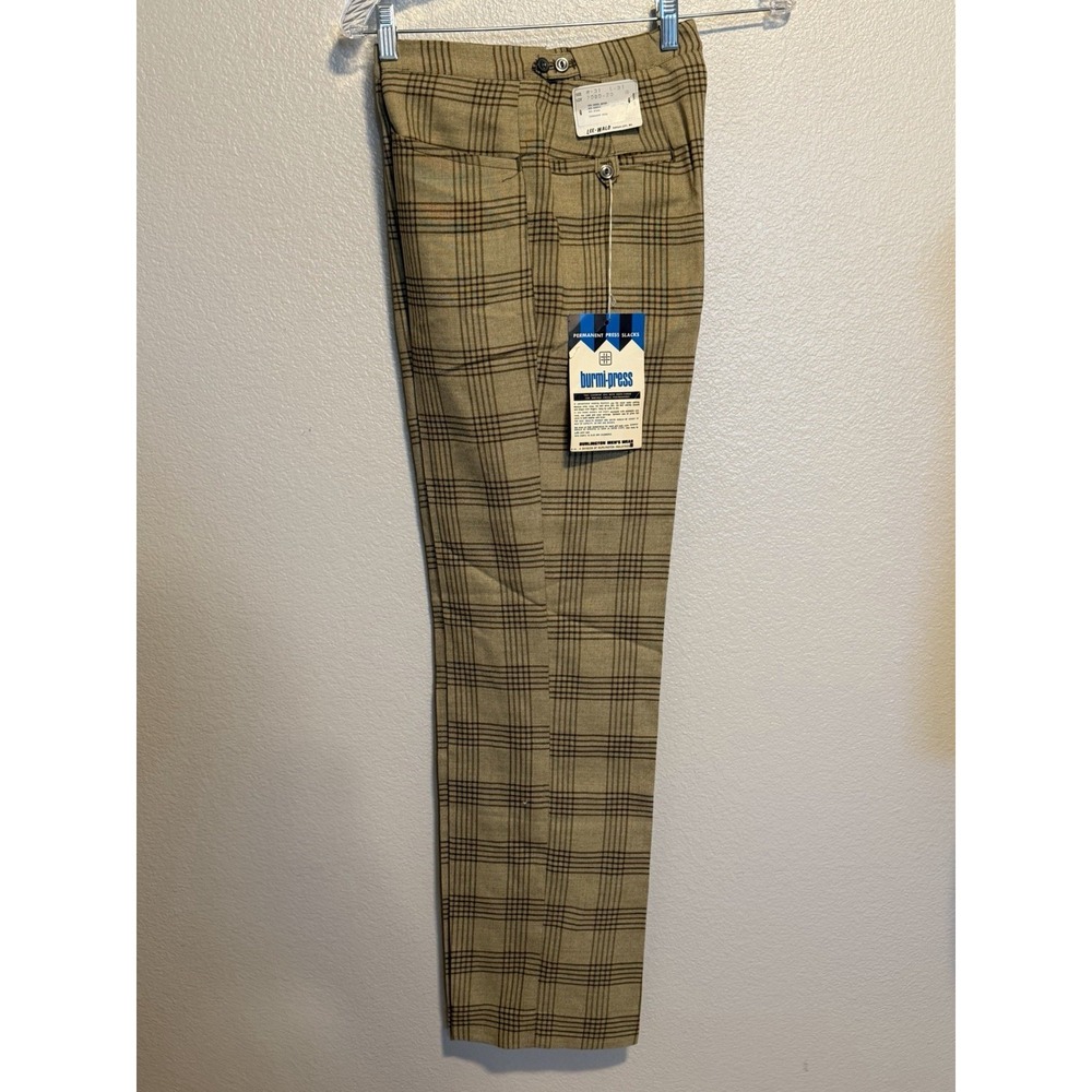 Vintage 70's Burmi-Press Tailored Plaid Flare Slacks Pants Beige NOS NWT 29Wx31L